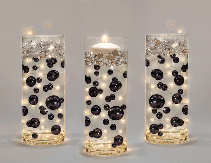 75 Floating Black Pearls Large Sizes- Fills 1 Gallon of the Floating Transparent Water Gels for Your Vases- Option 3 Submersible Fairy Lights Strings Hidable