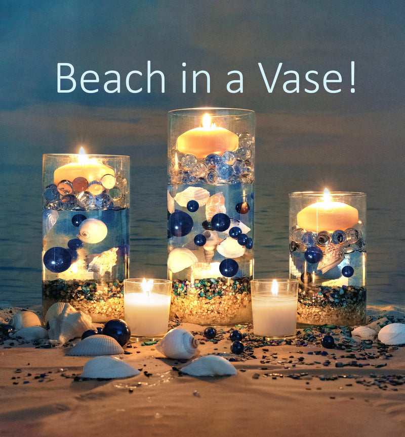 100 Floating White Seashells- White Coral Reef-Pearls-Aqua Sea Color Gels- Fills 1 Gallon for Your Vases- With Pre-Measured Prep Bag-Option of 3 Submersible Fairy Lights Strings