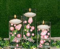 100 Floating Light Pink Pearls with Pink Sparkling Gems- Large Sizes- Fills 2 Gallons of The Floating Transparent Water Gels for Your Vases- Option: 6 Submersible Fairy Lights Strings