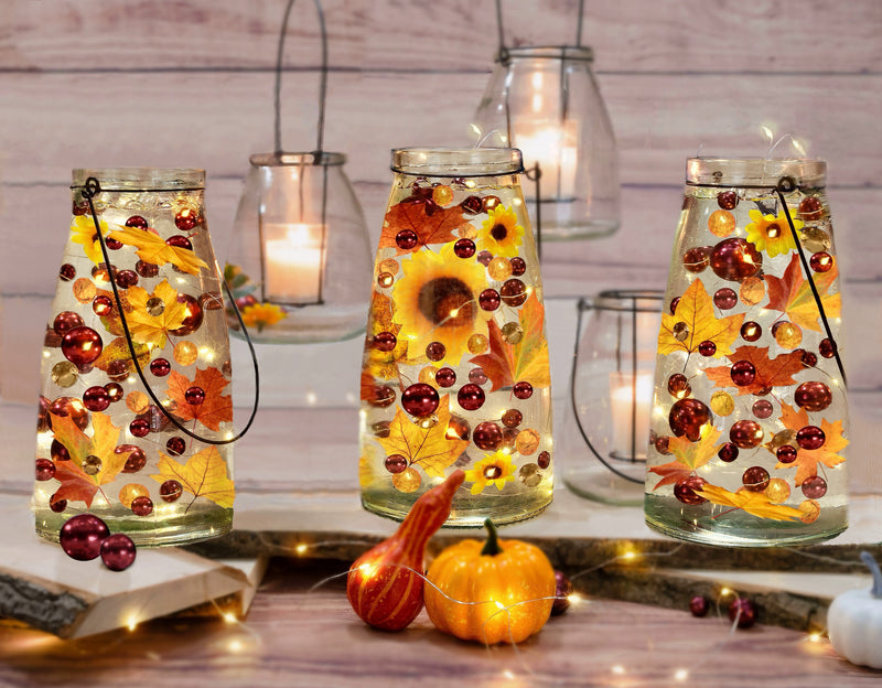 50 Floating Realistic Fall Leaves- Pumpkins- Mums & Pearls- Large sizes- Fills 1 Gallon of The Transparent Water Gels for Vases- With Pre-Measured Prep Bag- Option 3 Fully Submersible Fairy Lights Strings
