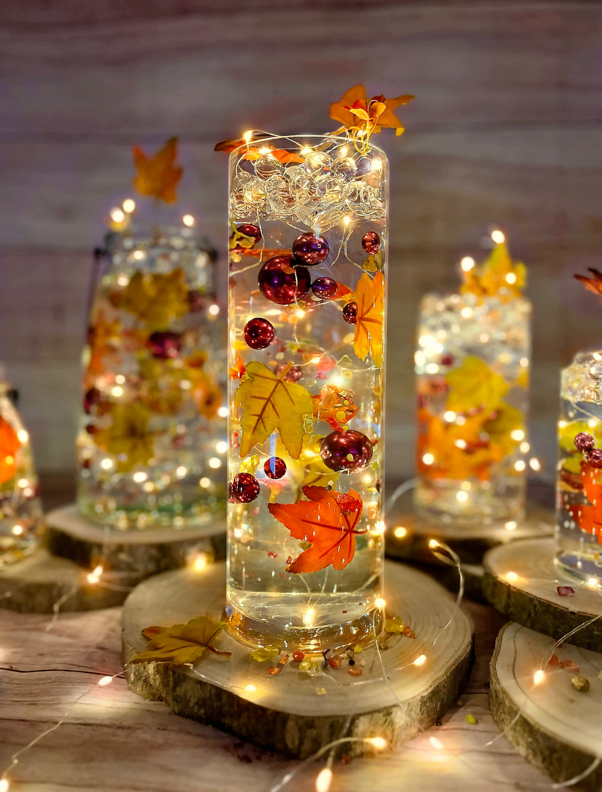 50 Floating Realistic Fall Leaves- Pumpkins- Mums & Pearls- Large sizes- Fills 1 Gallon of The Transparent Water Gels for Vases- With Pre-Measured Prep Bag- Option 3 Fully Submersible Fairy Lights Strings