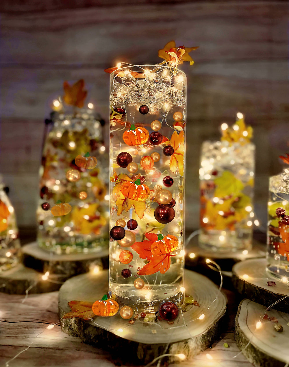 50 Floating Realistic Fall Leaves Pumpkins Sunflowers & Pearls-Large-Includes the Water Gels Fills 1 Gallon for your Vases with Pre-Measured Prep Bag-Option 3 Submersible LED Fairy Lights Strings with Hidable Submersible Batteries