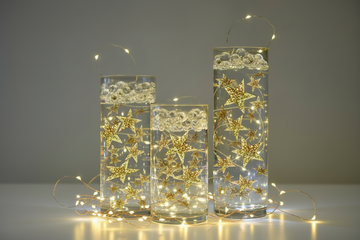 50 Floating Gold Stars- Sparkling- Large Sizes- Fills 1 Gallon of the Transparent Floating Gels for Your Vases- With Pre-Measured Prep Bags- Option of 3 Submersible LED Fairy Lights Strings with Hidable and Submersible Battery