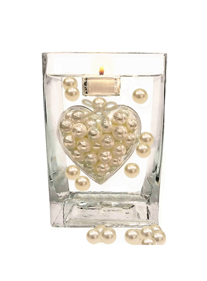 1 GL "Floating" Jumbo Submersible & Fillable Heart with Ivory/Off White Pearls - with Pre-Measured Prep & Storage Bag - Vase Decorations