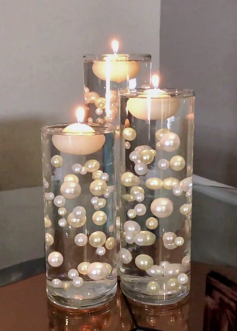 75 Floating Ivory/Off White Pearls Large Sizes- Option of 3 Submersible Fairy Lights Strings Hidable Submersible Batteries- 1 Gallon of Transparent Water Gels for Vases