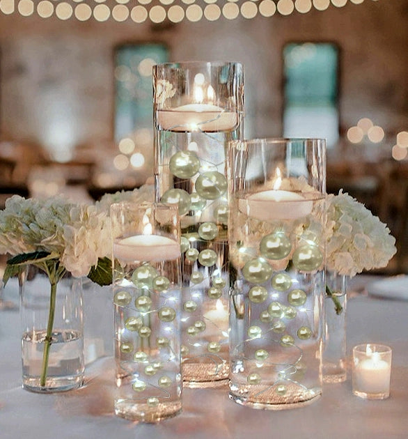 75 Floating Ivory/Off White Pearls Large Sizes- Option of 3 Submersible Fairy Lights Strings Hidable Submersible Batteries- 1 Gallon of Transparent Water Gels for Vases