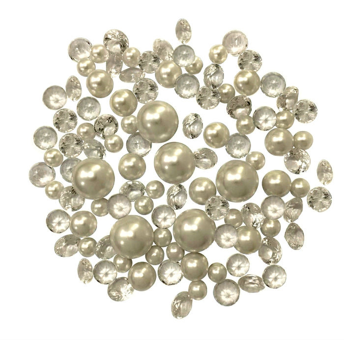 100 Floating Ivory Pearls and Ivory Gems - Large Sizes - Fills 2 Gallons of the Transparent Water Gels for the Floating Effect- With Exclusive Measured Prep Bags - Option: 6 Submersible Fairy Lights Strings