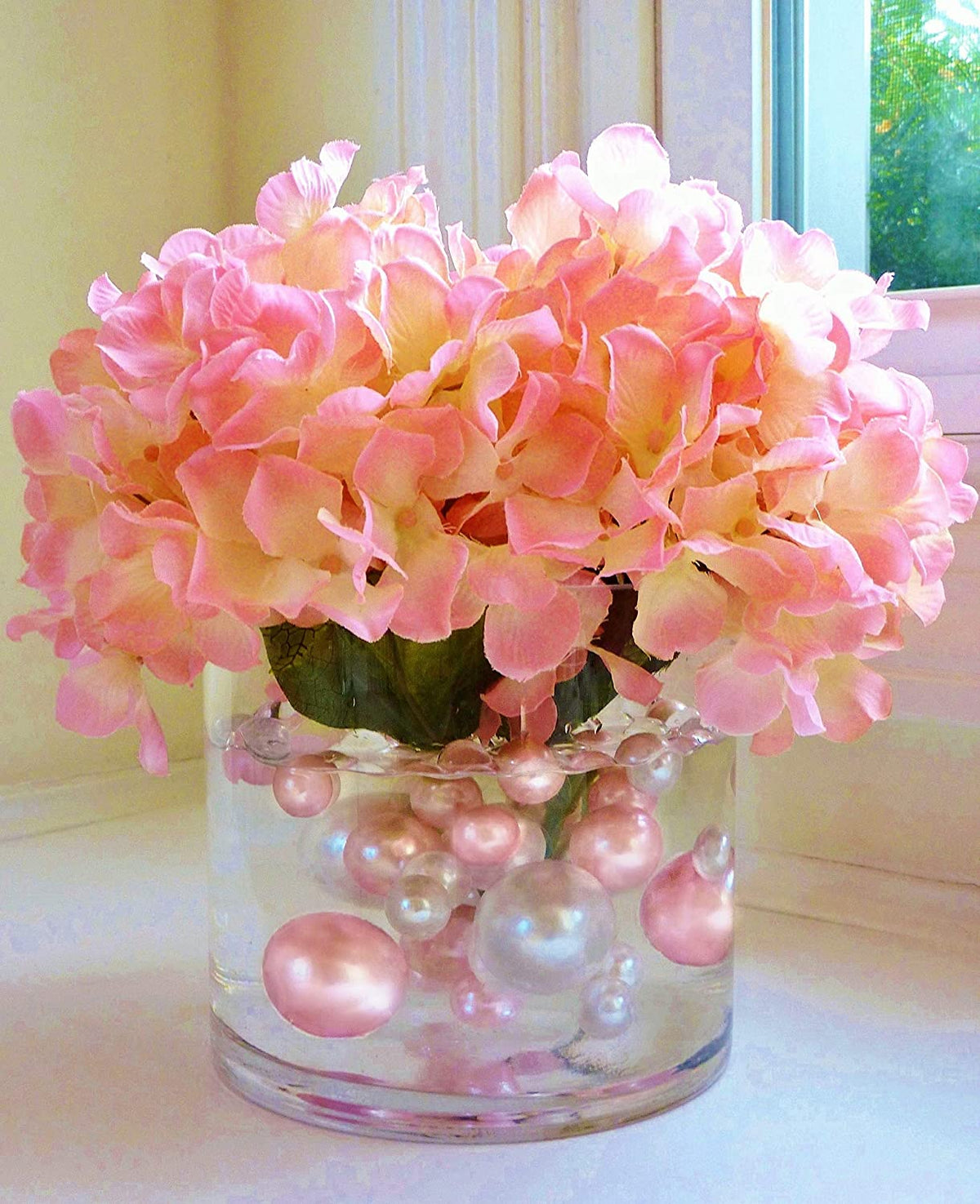 100 Floating Light Pink Pearls with Pink Sparkling Gems- Large Sizes- Fills 2 Gallons of The Floating Transparent Water Gels for Your Vases- Option: 6 Submersible Fairy Lights Strings