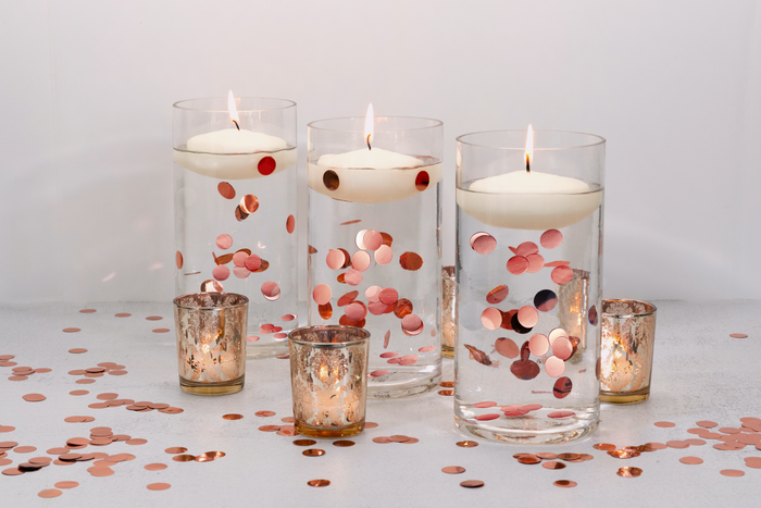 "Floating" Metallic Rose Gold Confetti - 2000pc - Fills 1 Gallon for Your Vases-Option of 3 Submersible Fairy Lights