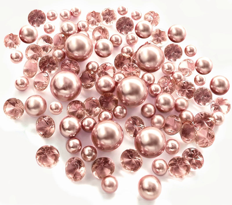 100 Floating Rose Gold Pearls & Floating Rose Gold Gems- Fills 2 Gallons of The Transparent Floating Gels-With Exclusive Gels Prep Bags-Option of 6 Submersible Fairy Lights Strings