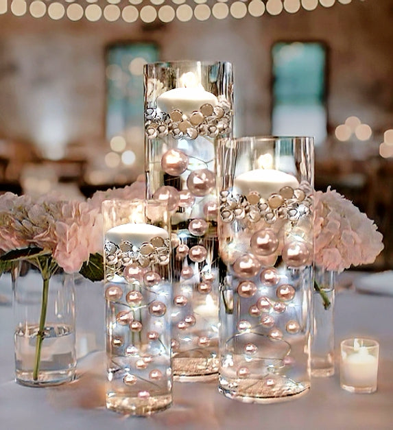 100 Floating Rose Gold Pearls & Floating Rose Gold Gems- Fills 2 Gallons of The Transparent Floating Gels-With Exclusive Gels Prep Bags-Option of 6 Submersible Fairy Lights Strings