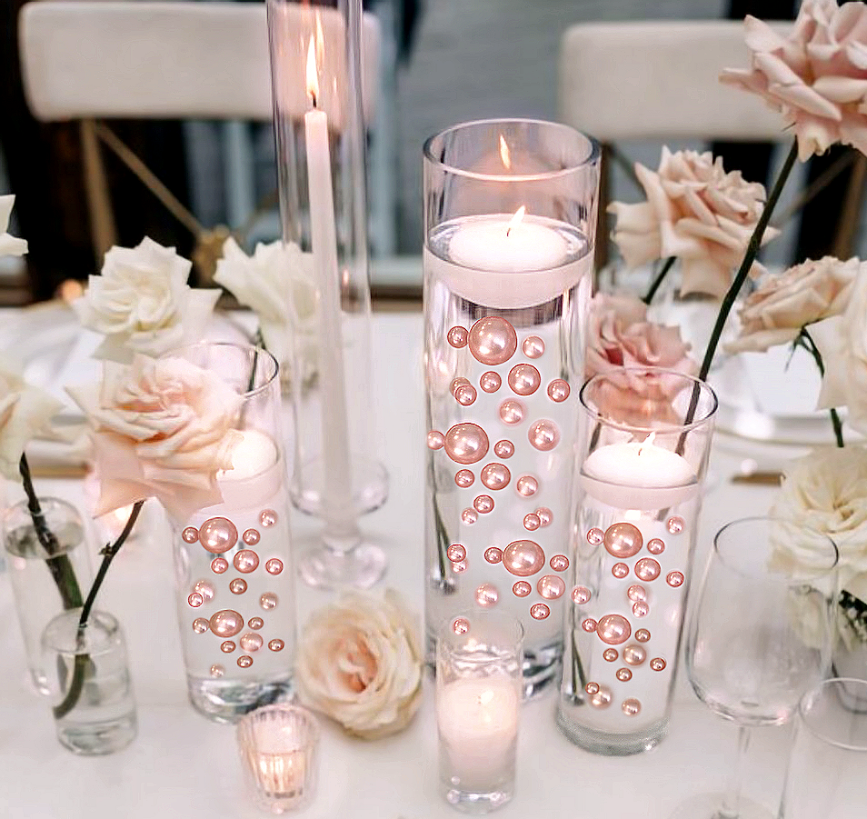 100 Floating Rose Gold Pearls & Floating Rose Gold Gems- Fills 2 Gallons of The Transparent Floating Gels-With Exclusive Gels Prep Bags-Option of 6 Submersible Fairy Lights Strings
