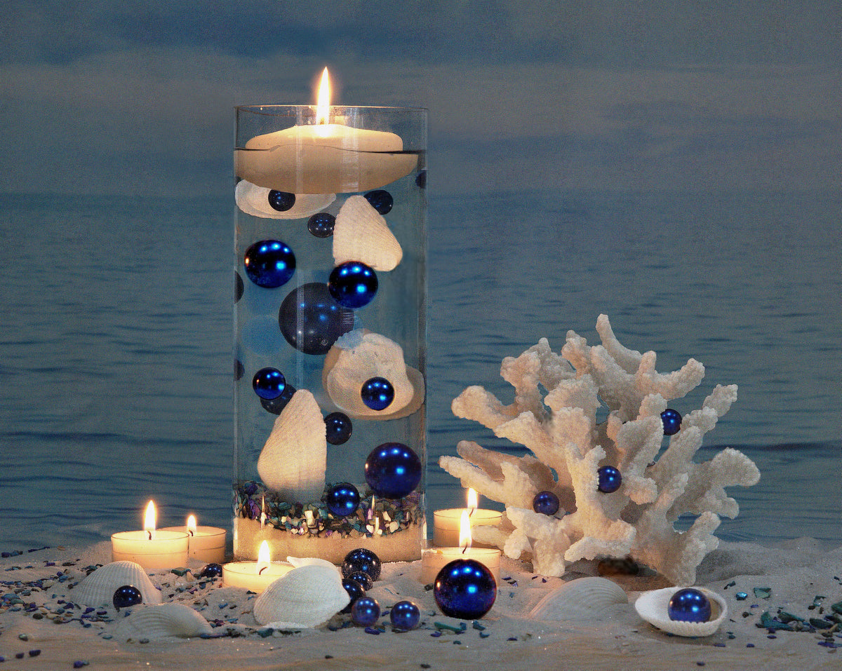 100 Floating White Seashells- White Coral Reef-Pearls-Aqua Sea Color Gels- Fills 1 Gallon for Your Vases- With Pre-Measured Prep Bag-Option of 3 Submersible Fairy Lights Strings