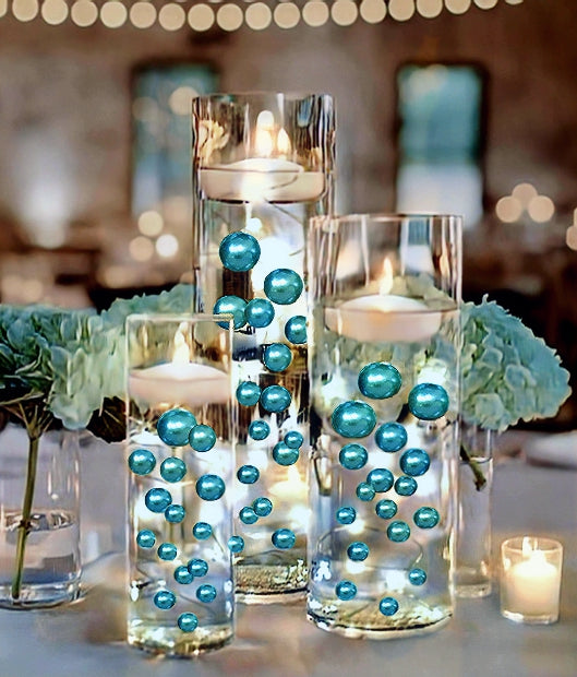 100 Floating Turquoise Blue/Teal Pearls and Matching Gems-Fills 2 Gallons of The Transparent Gels for the Floating Effect-Option: 6 Submersible Fairy Lights Strings