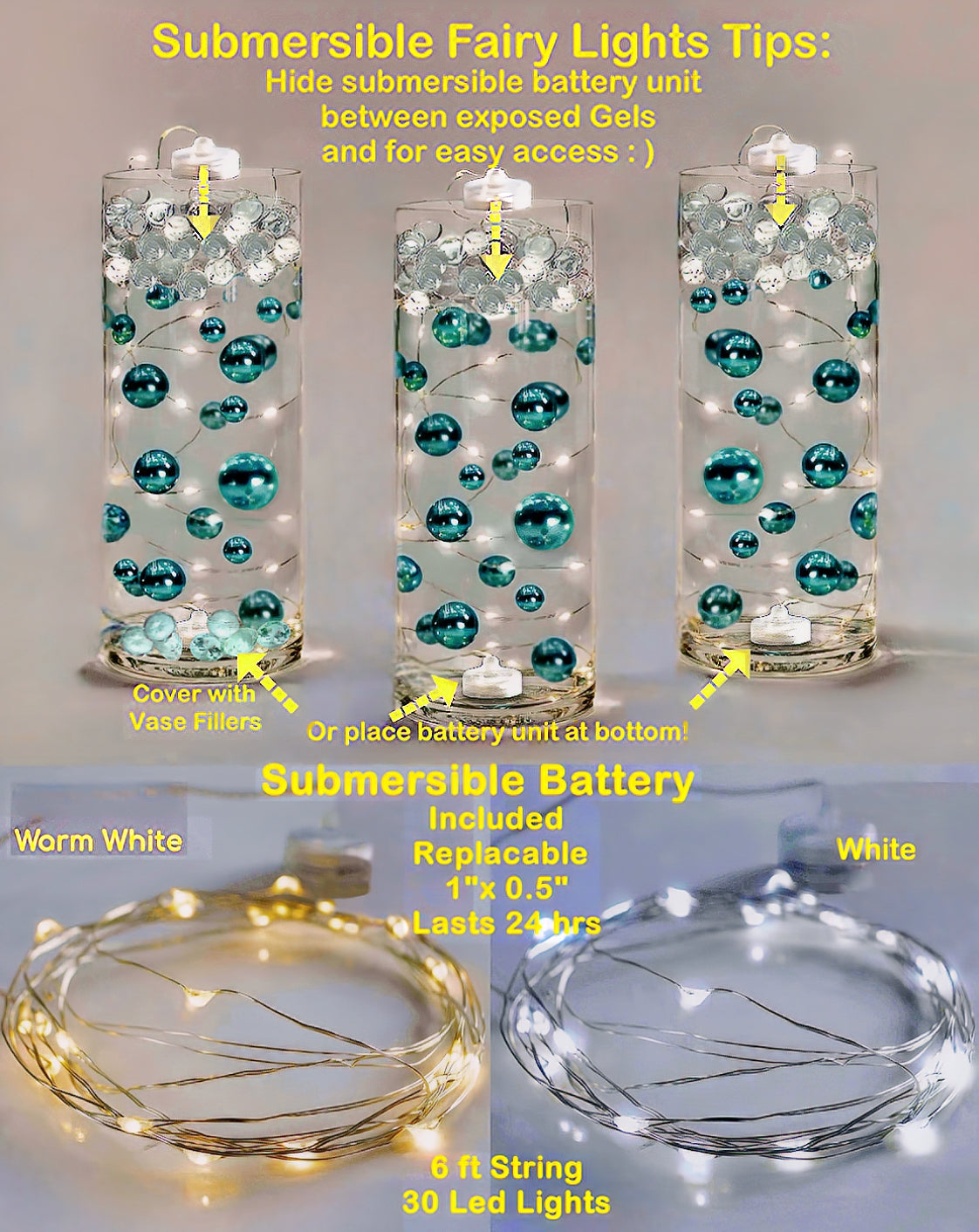 75 Floating Gold Pearls Large Sizes- Fills 1 Gallon of The Floating Transparent Water Gels for Your Vases- 3 Submersible Fairy Lights Strings