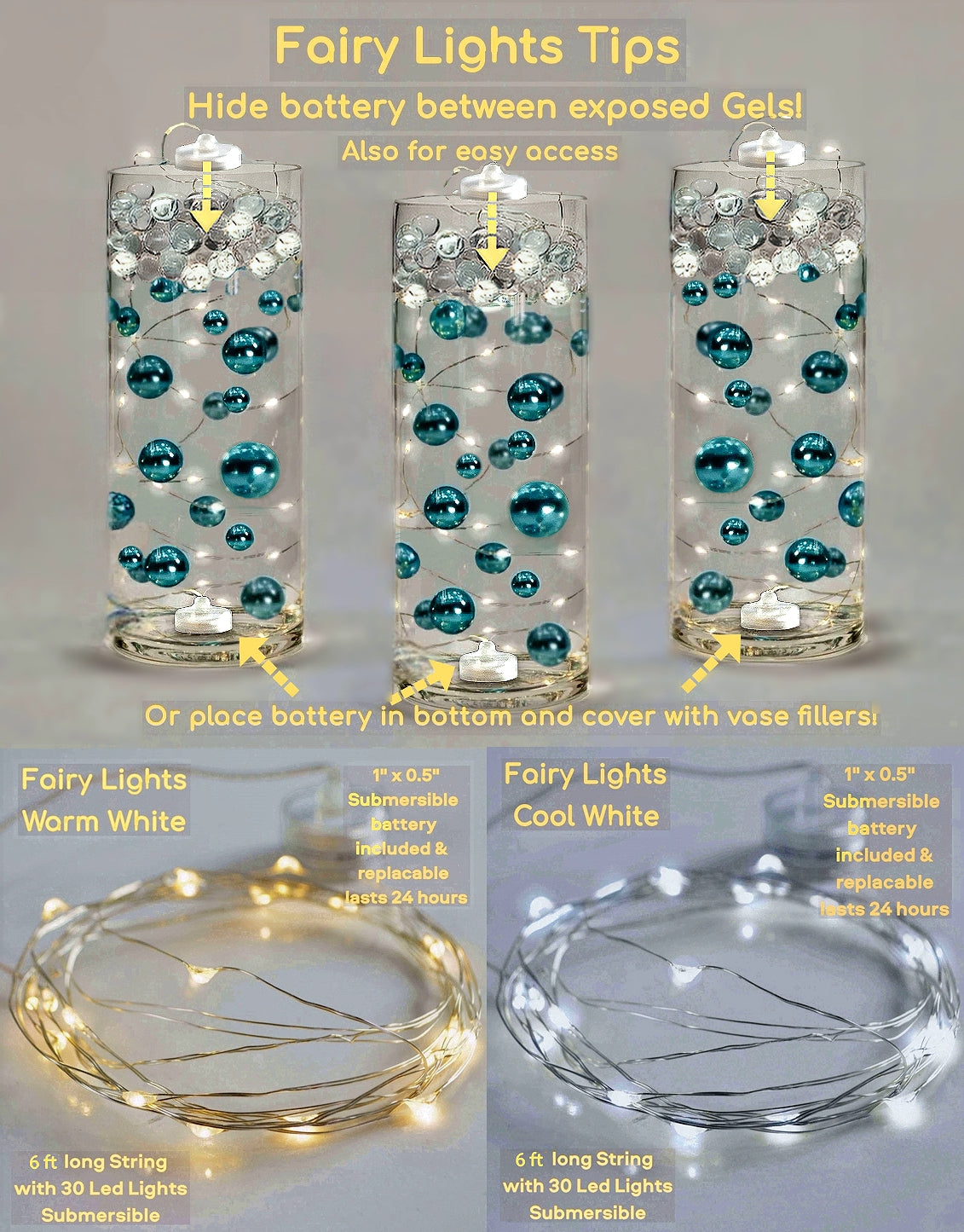 60 Floating Pink Baby Shower Pacifiers, Safety Pins, Vintage Lace Umbrella- Fills 1 Gallon of Floating Gels for Your Vases- Including the Transparent Gels For the Floating Effect- With Measured Prep Bag- Option 3 Submersible Fairy Lights Strings