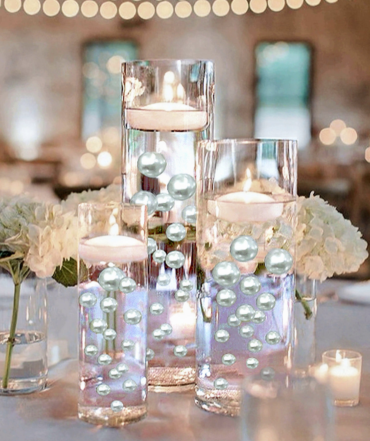 75 Floating White Pearls Large Sizes- Option of 3 Submersible Fairy Lights Strings Hidable Submersible Batteries- Fills 1 Gallon for Your Vases