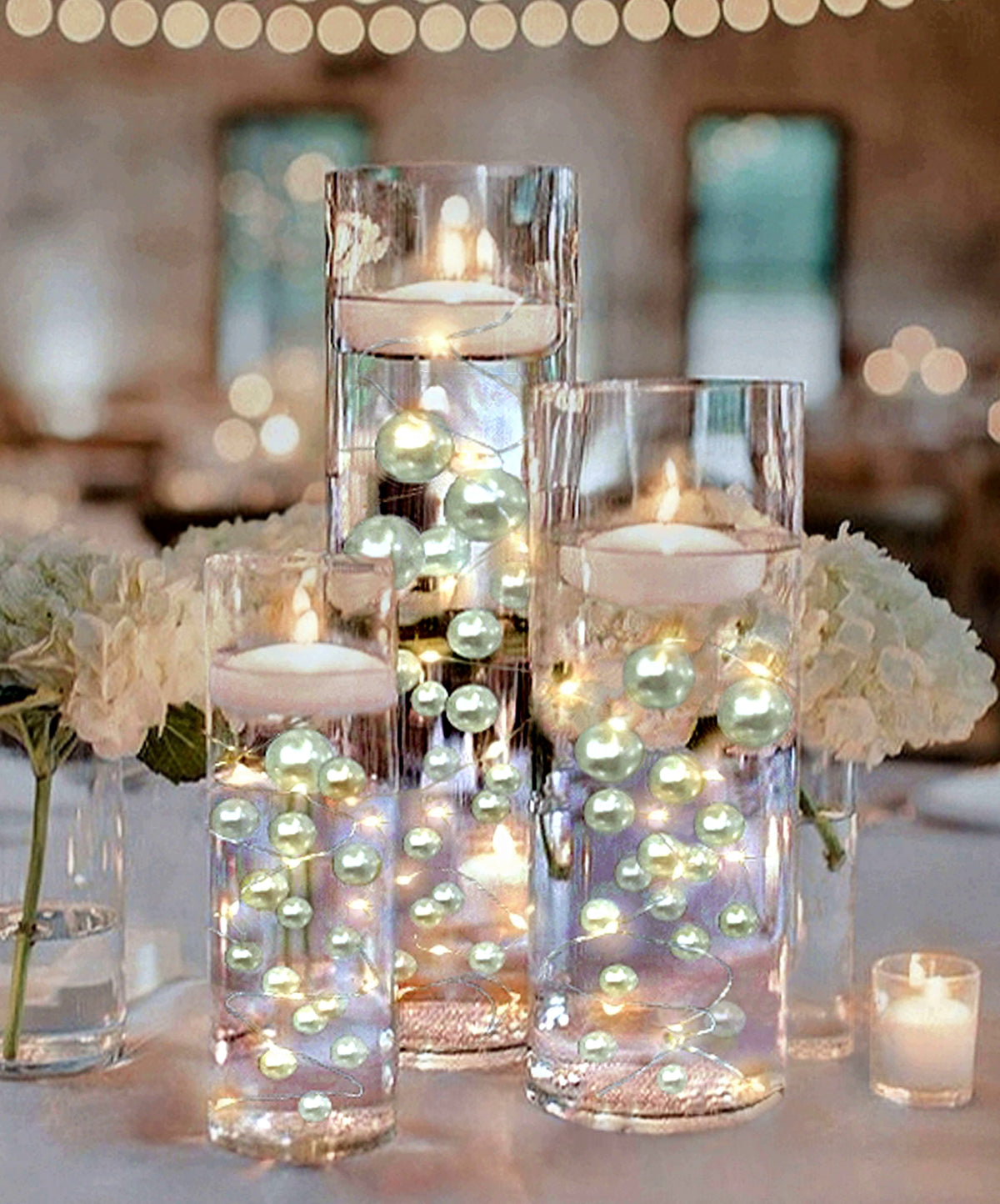 75 Floating White Pearls Large Sizes- Option of 3 Submersible Fairy Lights Strings Hidable Submersible Batteries- Fills 1 Gallon for Your Vases