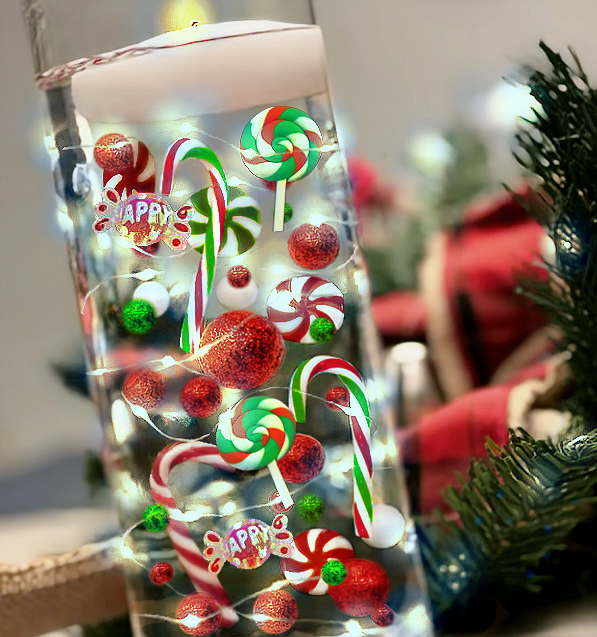 50 Floating Christmas Red Green Candy Canes Peppermints Lollipops Pearls Large- Option of 3 White or Warm White Submersible Fairy Lights Strings Hidable Submersible Batteries-Fills 1 Gallon of Transparent Water Gels for your Vases with Prep Bag