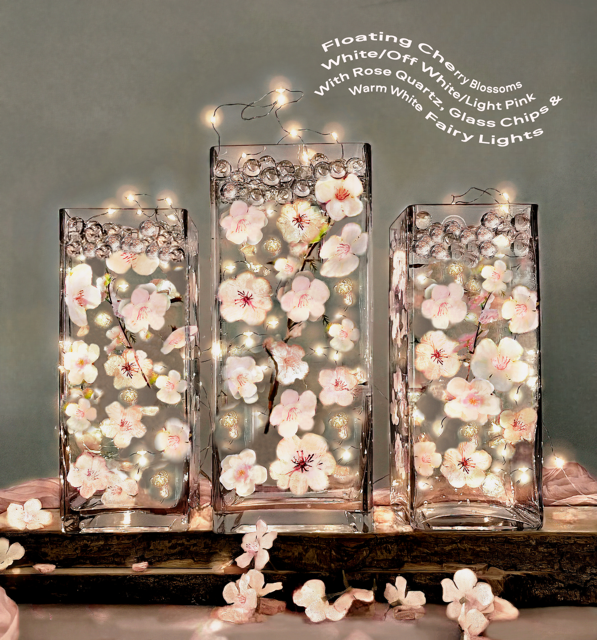 60 Floating Ivory White Light Pink Cherry Blossoms Flowers- Matching Pebbles & Pearls- Fills 1 Gallon of the Floating Transparent Water Gels for Your Vases- With Exclusive Measured Prep Bag- And Option of 3 Submersible Fairy Lights Strings