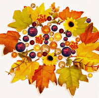 50 Floating Realistic Fall Leaves- Pumpkins- Mums & Pearls- Large sizes- Fills 1 Gallon of The Transparent Water Gels for Vases- With Pre-Measured Prep Bag- Option 3 Fully Submersible Fairy Lights Strings