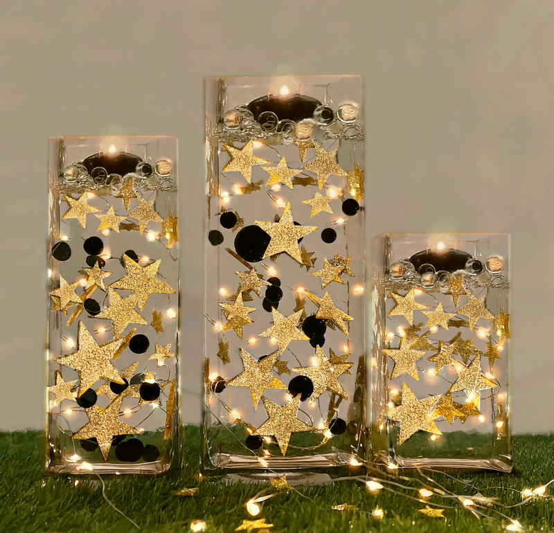 50 Floating Gold Stars- Sparkling- Large Sizes- Fills 1 Gallon of the Transparent Floating Gels for Your Vases- With Pre-Measured Prep Bags- Option of 3 Submersible Fairy Lights Strings