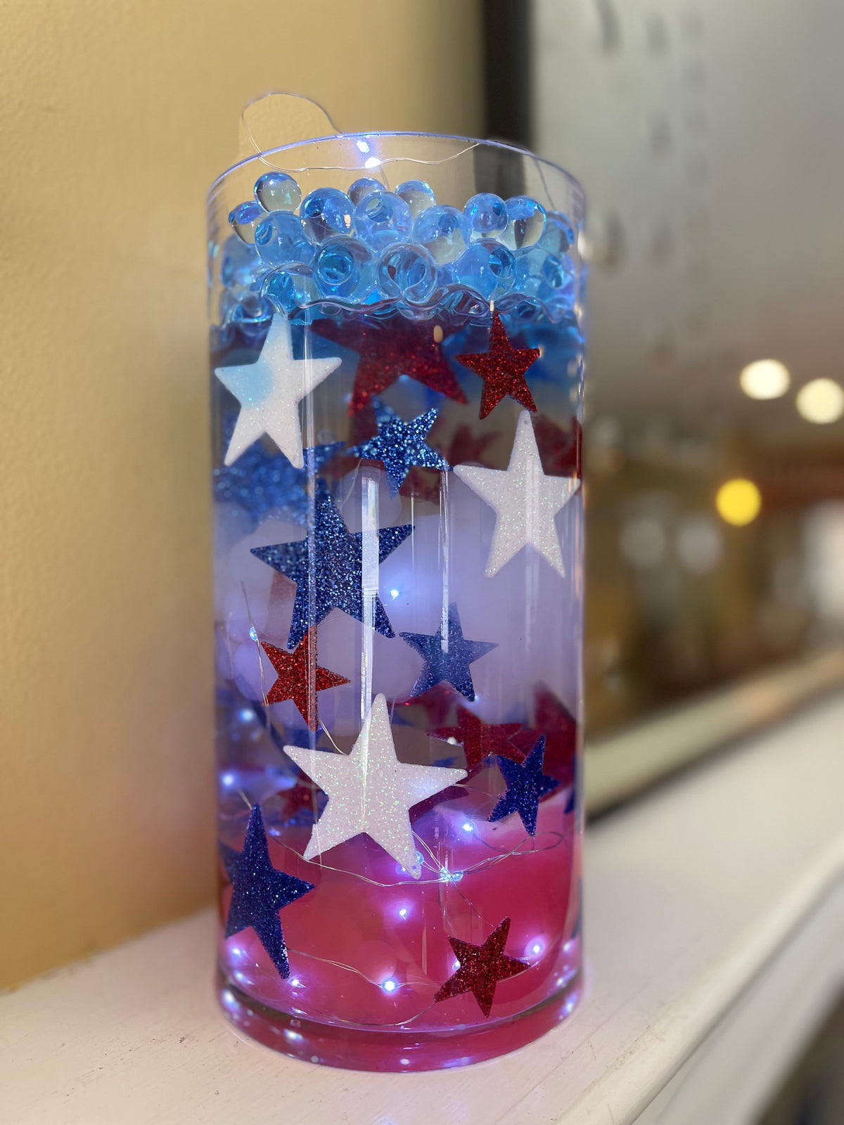 75 Floating Glitter Patriotic Stars & Red/Blue Color Effects- Fill 1 Gallon of Transparent Gels for Floating Effect-With Measured Floating Gels Bag-Option 3 Submersible LED Fairy Lights Strings with Hidable and Submersible Battery