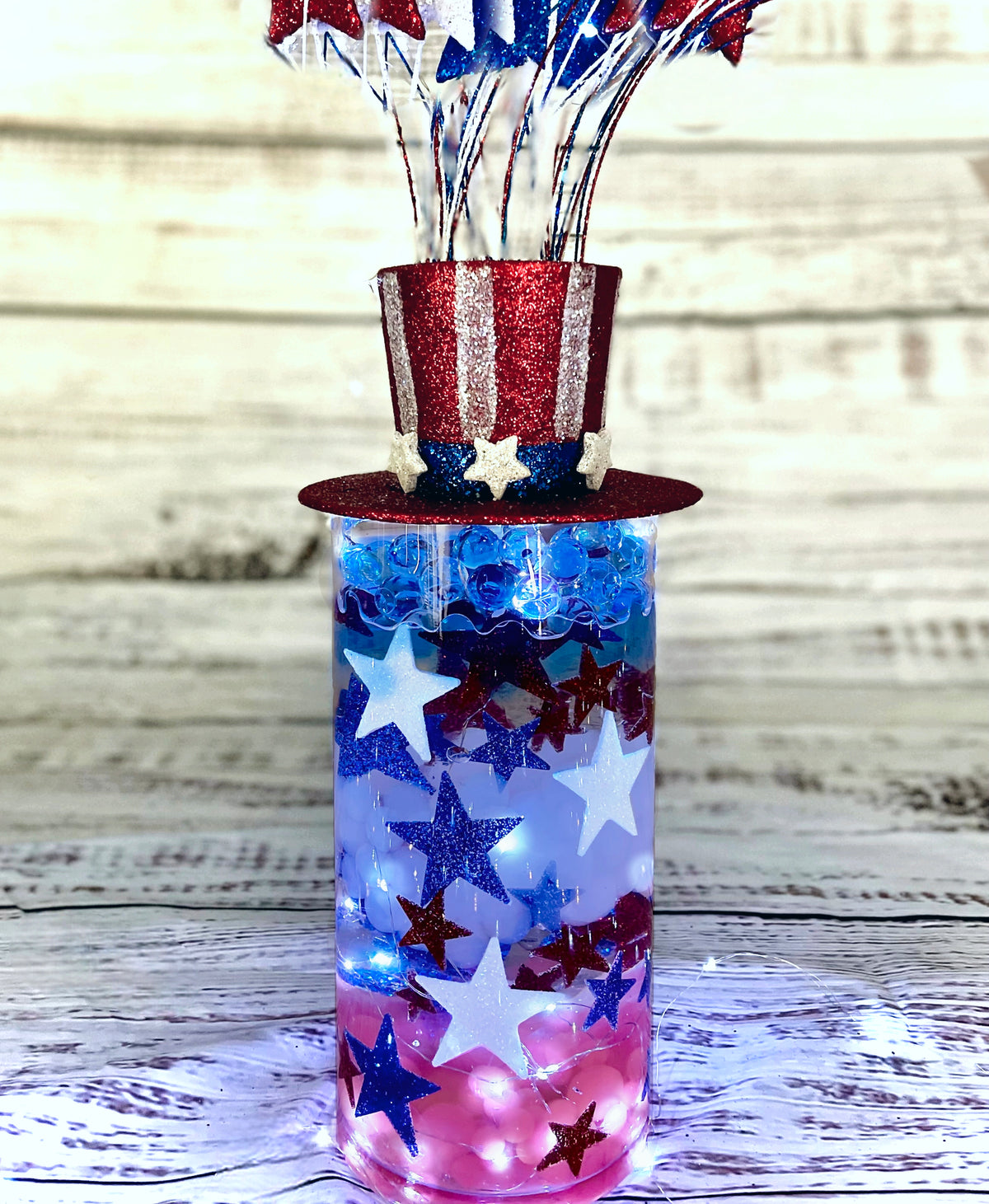 75 Floating Glitter Patriotic Stars & Red/Blue Color Effects- Fill 1 Gallon of Transparent Gels for Floating Effect-With Measured Floating Gels Bag-Option 3 Submersible LED Fairy Lights Strings with Hidable and Submersible Battery