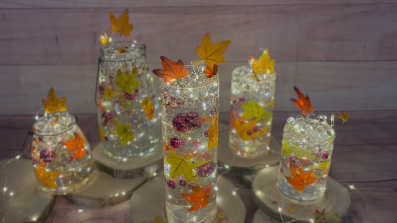 50 Floating Realistic Fall Leaves- Pumpkins- Mums & Pearls- Large sizes- Fills 1 Gallon of The Transparent Water Gels for Vases- With Pre-Measured Prep Bag- Option 3 Fully Submersible Fairy Lights Strings