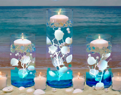 100 Floating White Seashells- White Coral Reef-Pearls-Aqua Sea Color Gels- Fills 1 Gallon for Your Vases- With Pre-Measured Prep Bag-Option of 3 Submersible Fairy Lights Strings