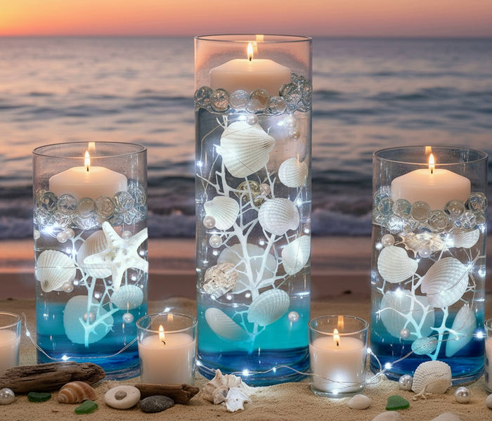 75 Floating Seashells White with a Few Mixed- Coral Reef- Pearls- Aqua Beads- Option of 3 Submersible LED Fairy Lights Strings Warm White (Hidable Submersible Batteries)- Fills 1 Gallon of the Transparent Gels