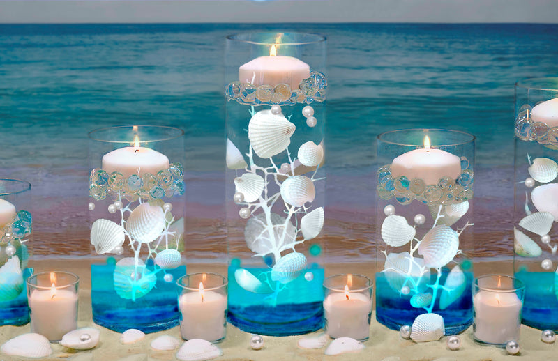 100 Floating White Seashells- White Coral Reef-Pearls-Aqua Sea Color Gels- Fills 1 Gallon for Your Vases- With Pre-Measured Prep Bag-Option of 3 Submersible Fairy Lights Strings