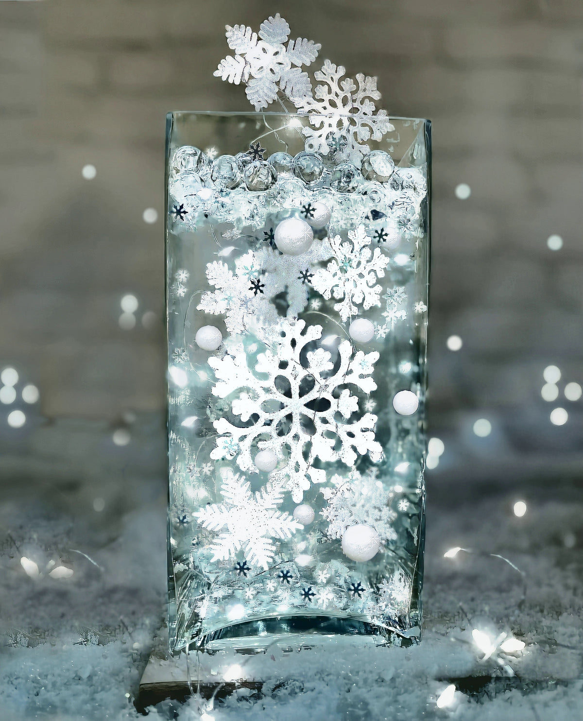 50 Floating White Snowflakes & Pearls-Plus Transparent Water Gels That Fills 1 Gallon for Your Vases- Option: 3 Submersible LED Fairy Lights Strings with Hidable & Submersible Batteries