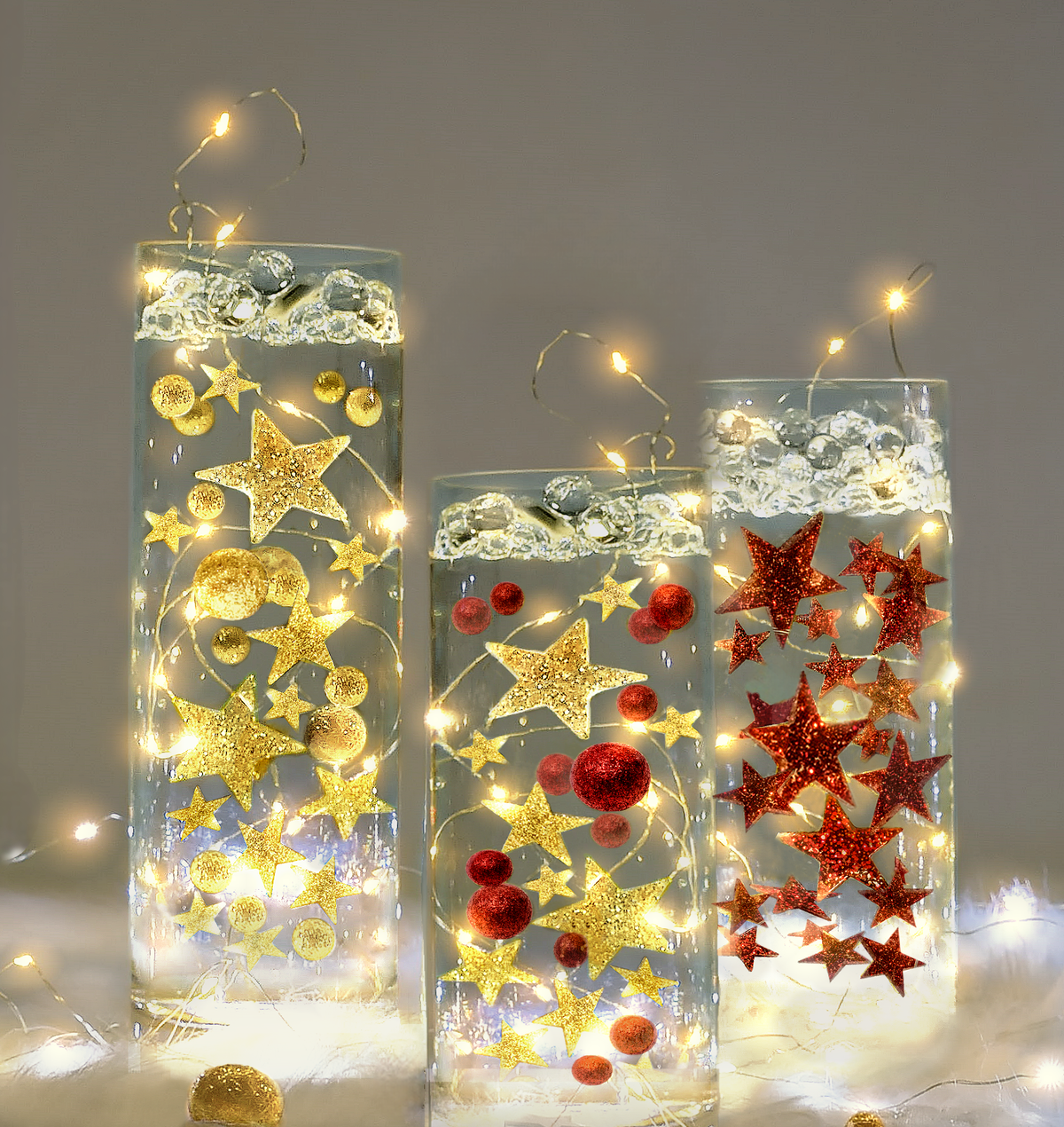Floating Red Stars-Sparkling Large Sizes-Fills 1 Gallon for Your Vases-Option 3 Submersible LED Fairy Lights Strings with Hidable and Submersible Battery