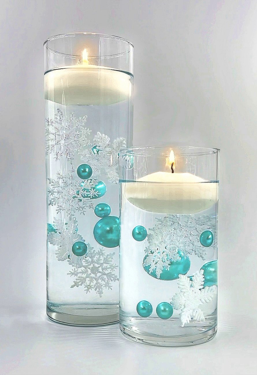 50 Floating White & Aqua Blue Snowflakes & Pearls-Plus Transparent Water Gels That Fills 1 Gallon for Your Vases- Option: 3 Submersible LED Fairy Lights Strings with Hidable & Submersible Batteries