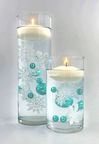 50 Floating White & Aqua Blue Snowflakes & Pearls-Plus Transparent Water Gels That Fills 1 Gallon for Your Vases- Option: 3 Submersible LED Fairy Lights Strings with Hidable & Submersible Batteries
