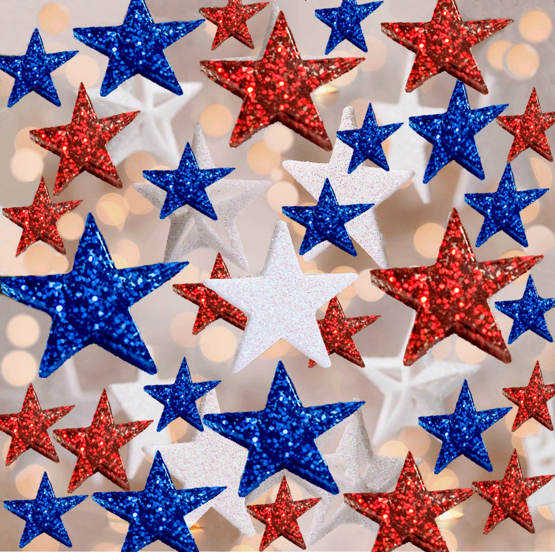 75 Floating Glitter Patriotic Stars & Red/Blue Color Effects- Fill 1 Gallon of Transparent Gels for Floating Effect-With Measured Floating Gels Bag-Option 3 Submersible LED Fairy Lights Strings with Hidable and Submersible Battery